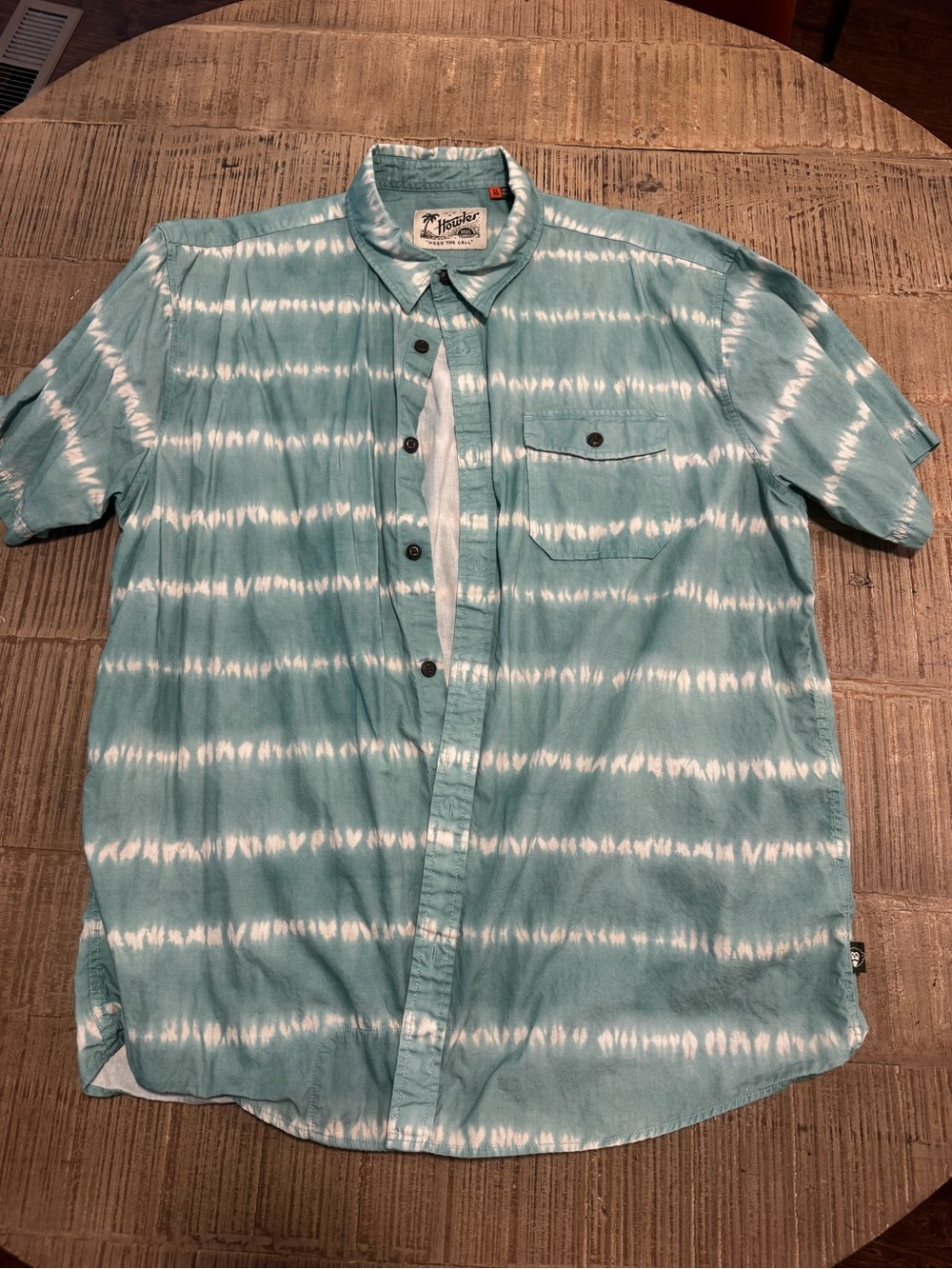 Howler Brothers Teal and White Tie-Dye Short Sleeve Button-Up Shirt